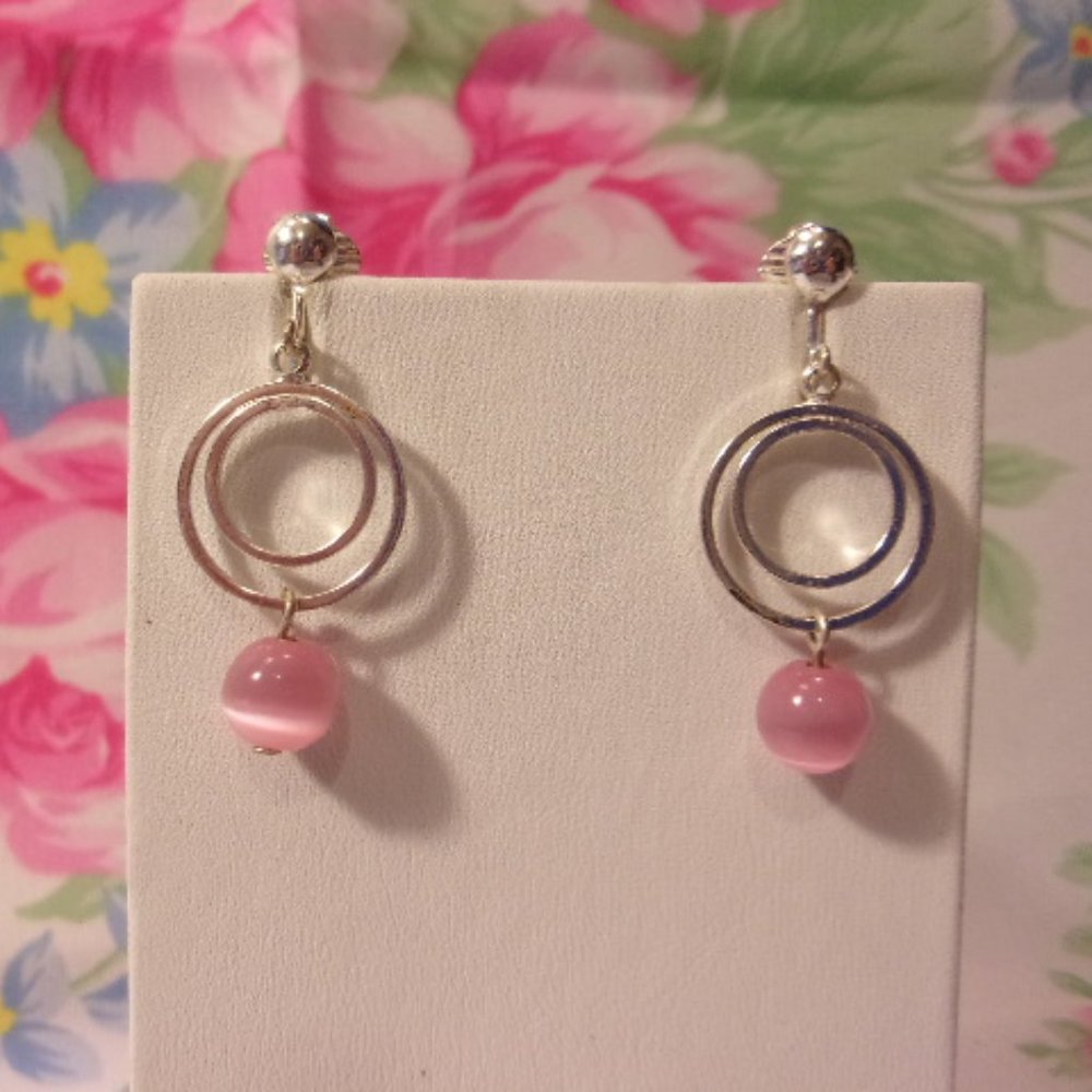 Silver Tone Pink Cat's Eye Bead Clip Earrings